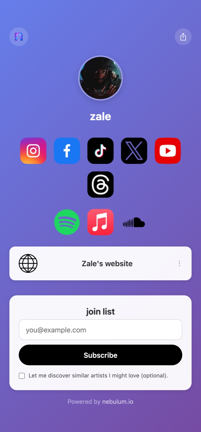 A Nebulum fan page — every link in one place, with an email capture to own your audience