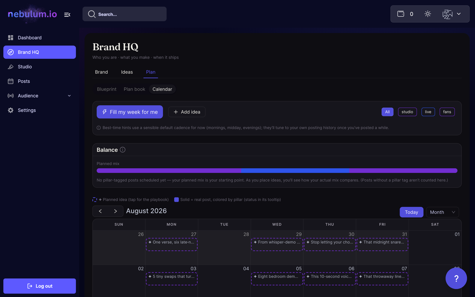 Nebulum content calendar — a month of planned posts across your pillars